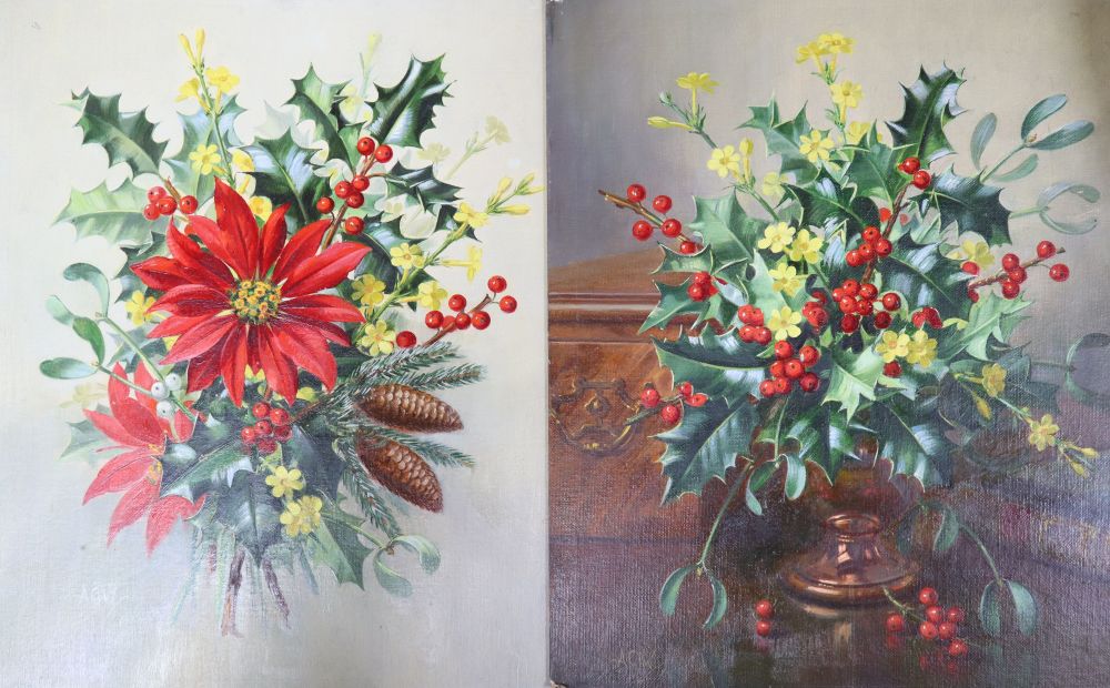 Albert Williams (1922-2010), Christmas floral arrangements, signed monogram, a pair, 30.5cm x 25.5cm
